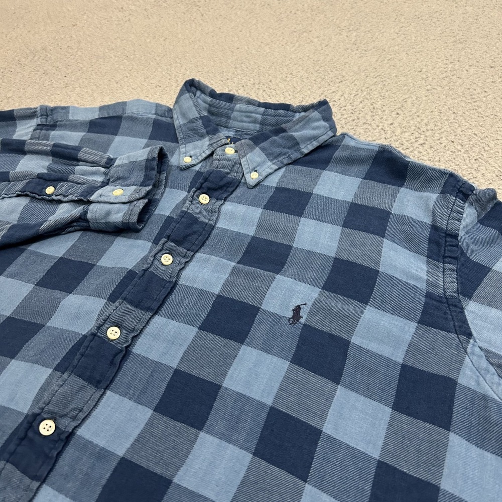 Ralph Lauren Shirt Mens 2XB Big Blue Check Indigo Cotton Long Sleeve Button Down